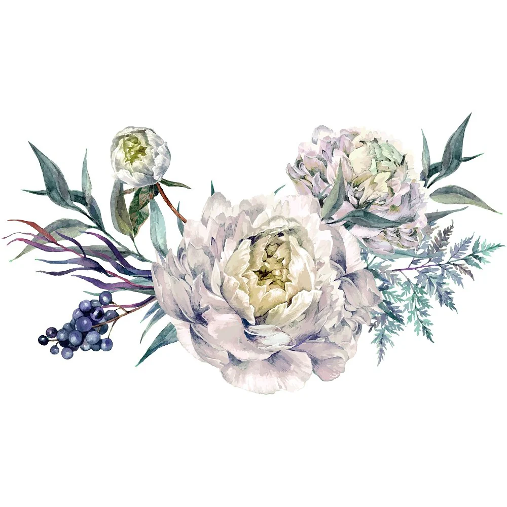 White Peonies & Berries Bouquet Fabric Panel