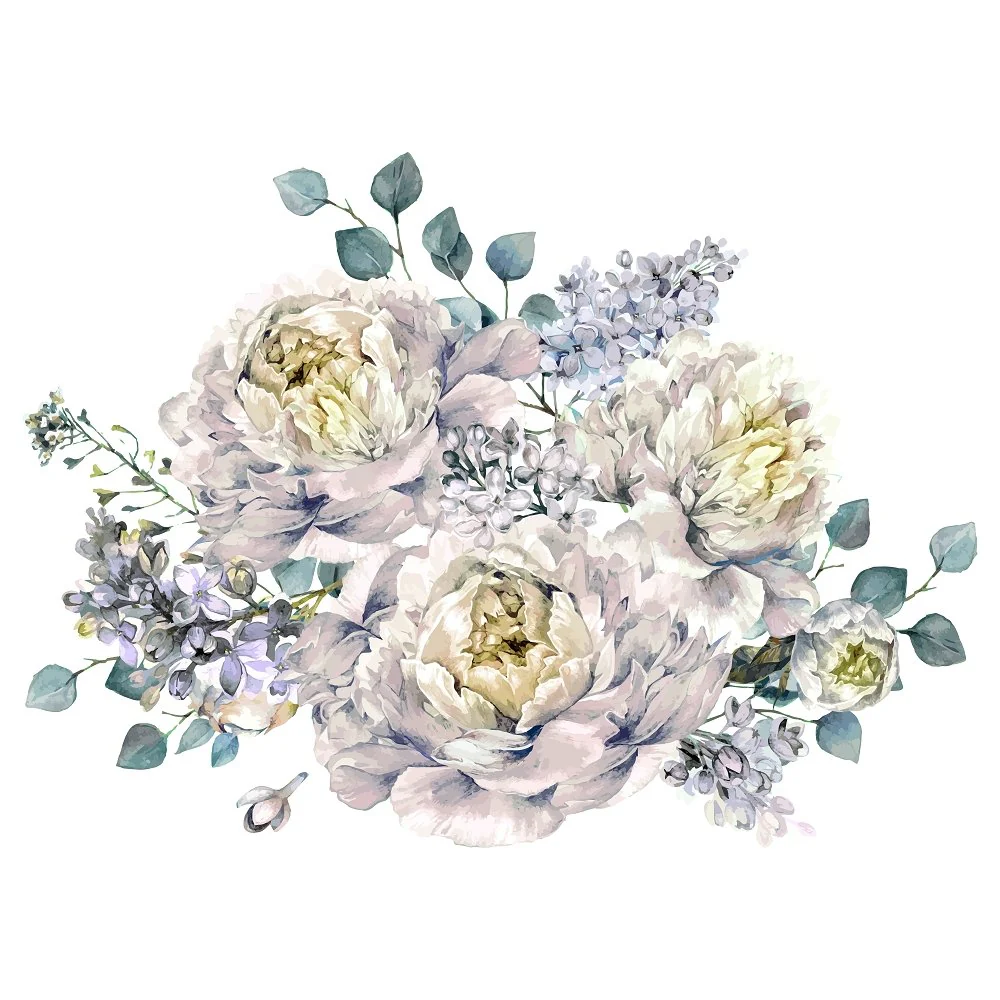 White Peonies & Lilac Bouquet Fabric Panel