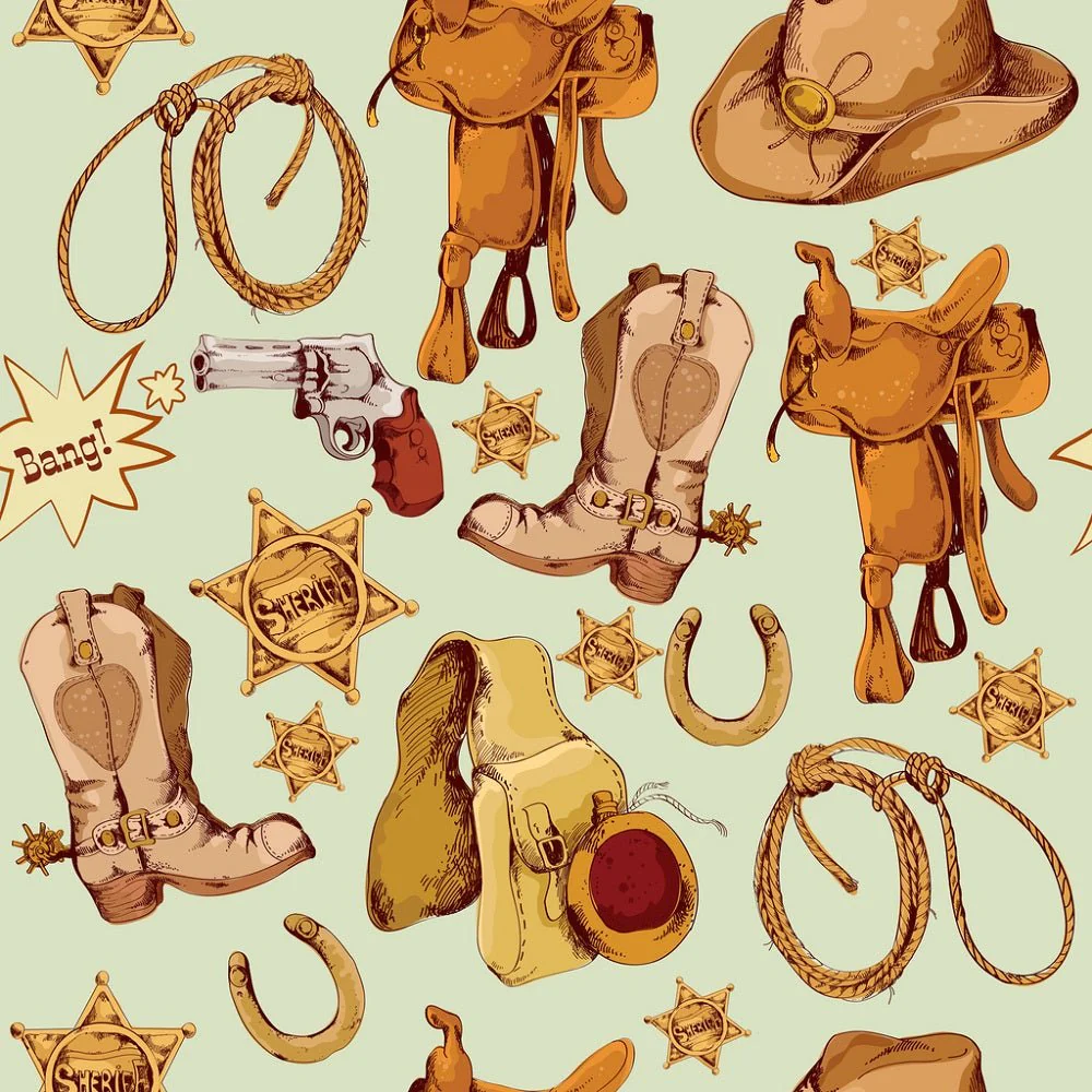 Wild West Cowboy Items Fabric - Green