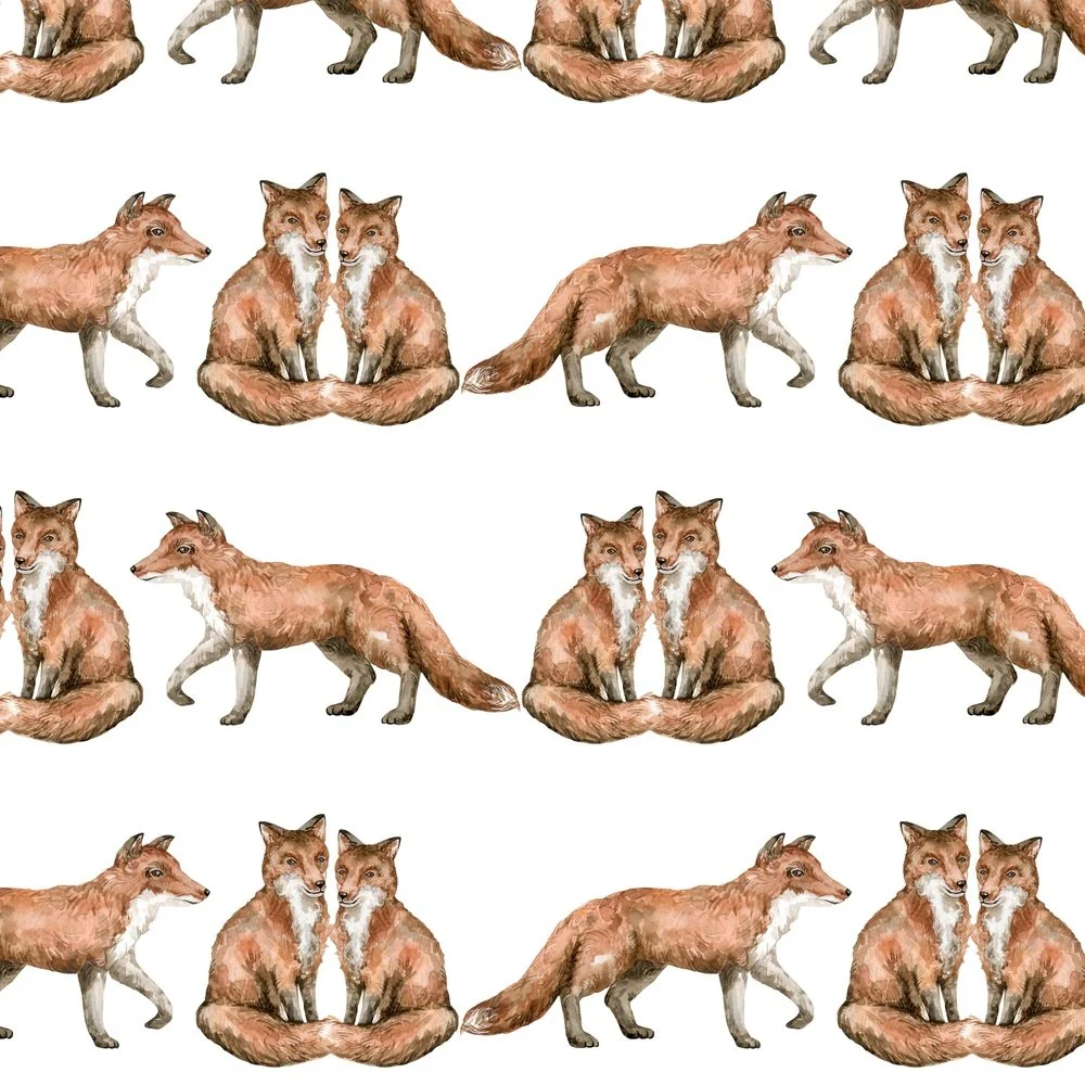 Wildlife Sitting Foxes Watercolor Fabric - White