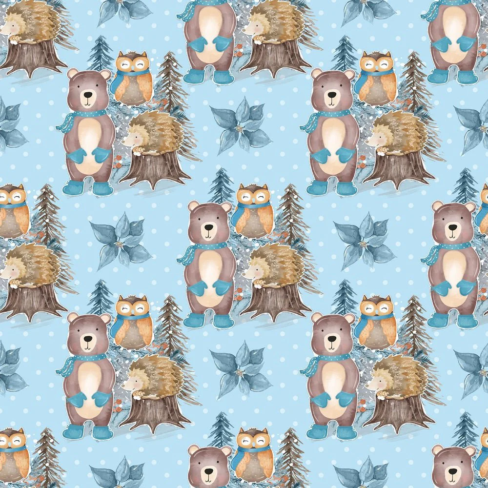 Winter Animals Scene on Dots Fabric - Blue
