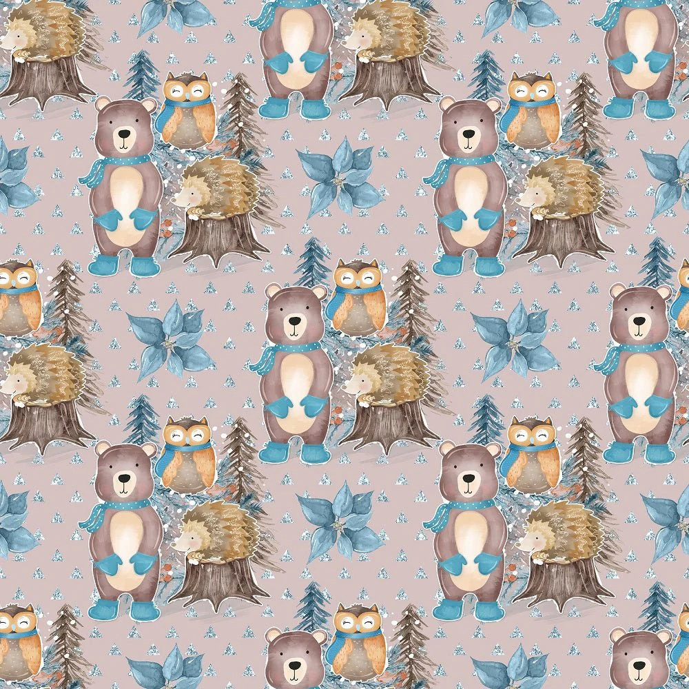 Winter Animals Scene on Shiny Triangles Fabric