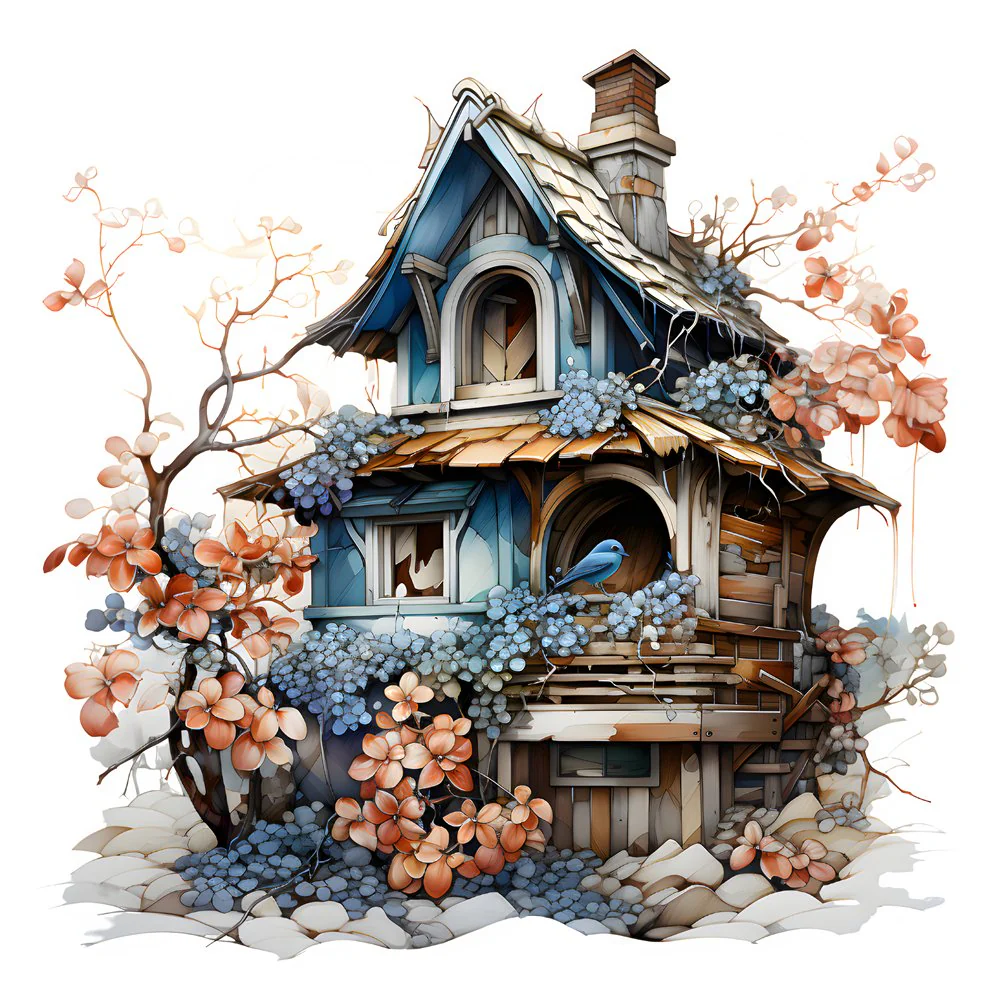 Winter Birdhouse Blue Jay #1 Fabric Panel