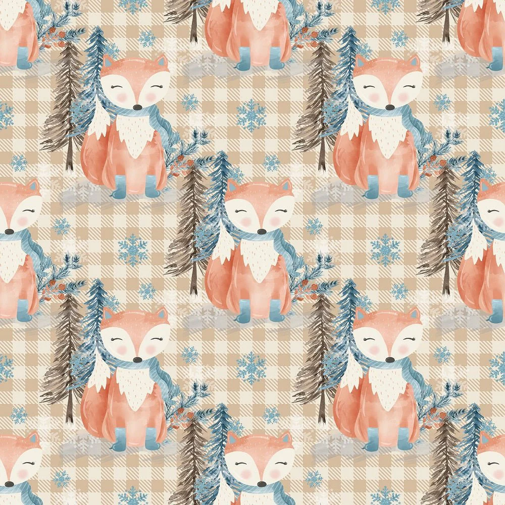 Winter Fox on Plaid Fabric - Tan