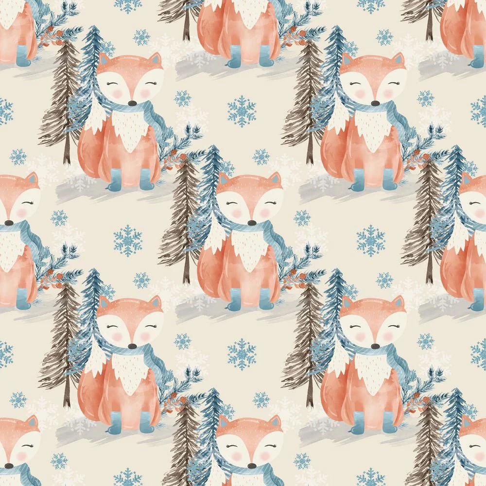 Winter Fox with Snowflakes Fabric - Tan