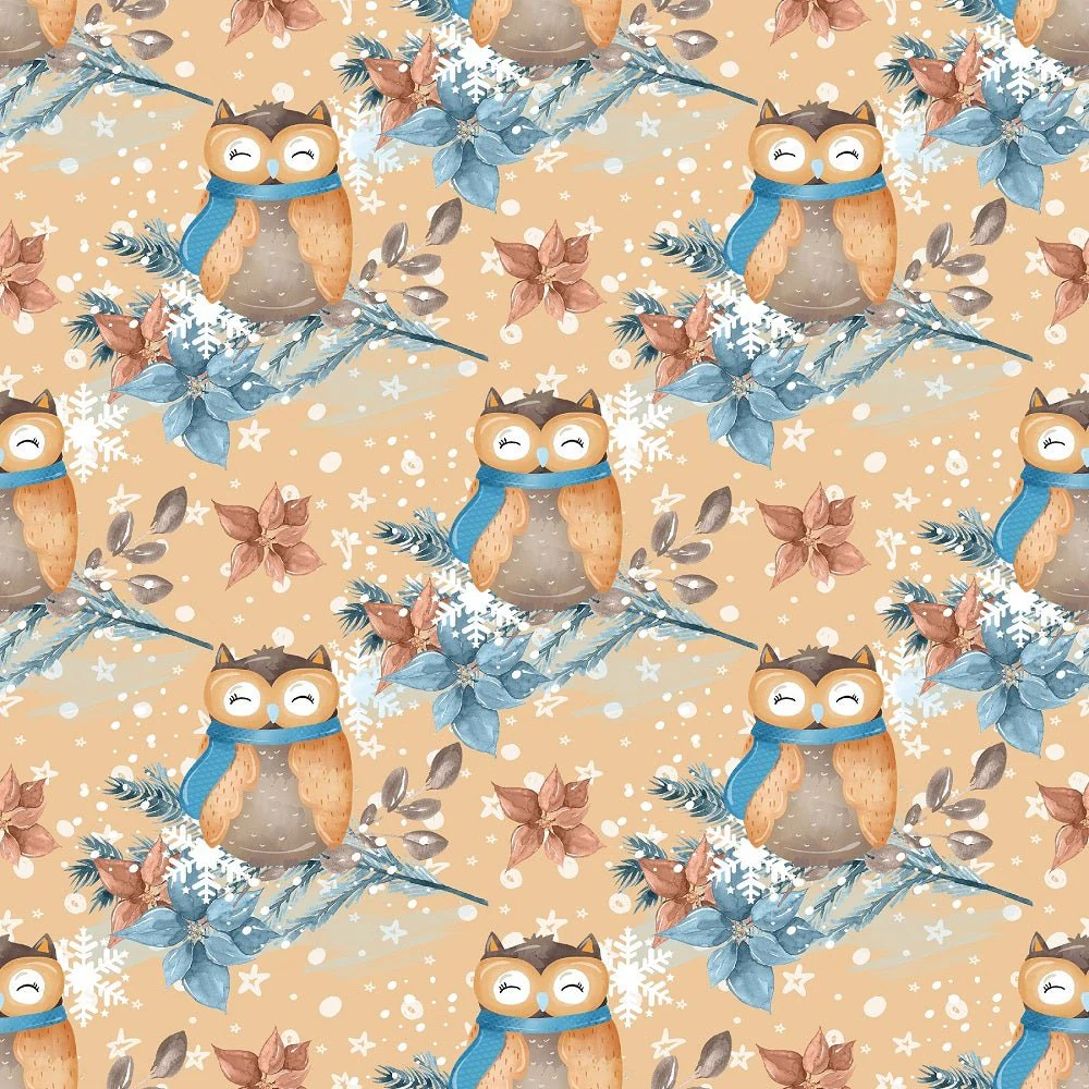 Winter Owl on Branch Fabric - Brown