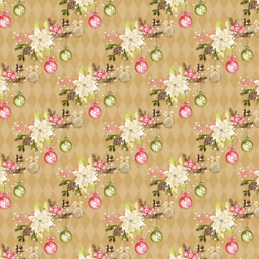 Winter Poinsettias & Ornaments Diamond Fabric - Brown