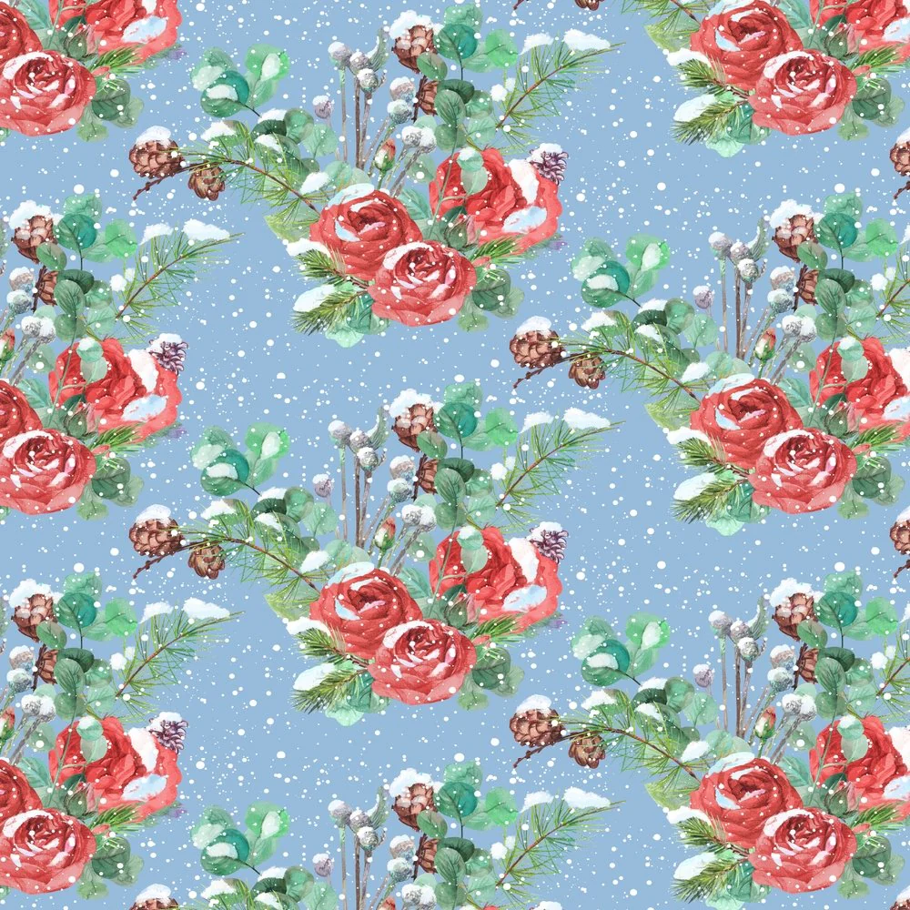 Winter Roses Fabric - Blue