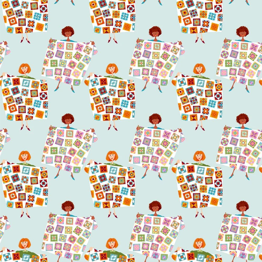 Women Holding Quilts Fabric