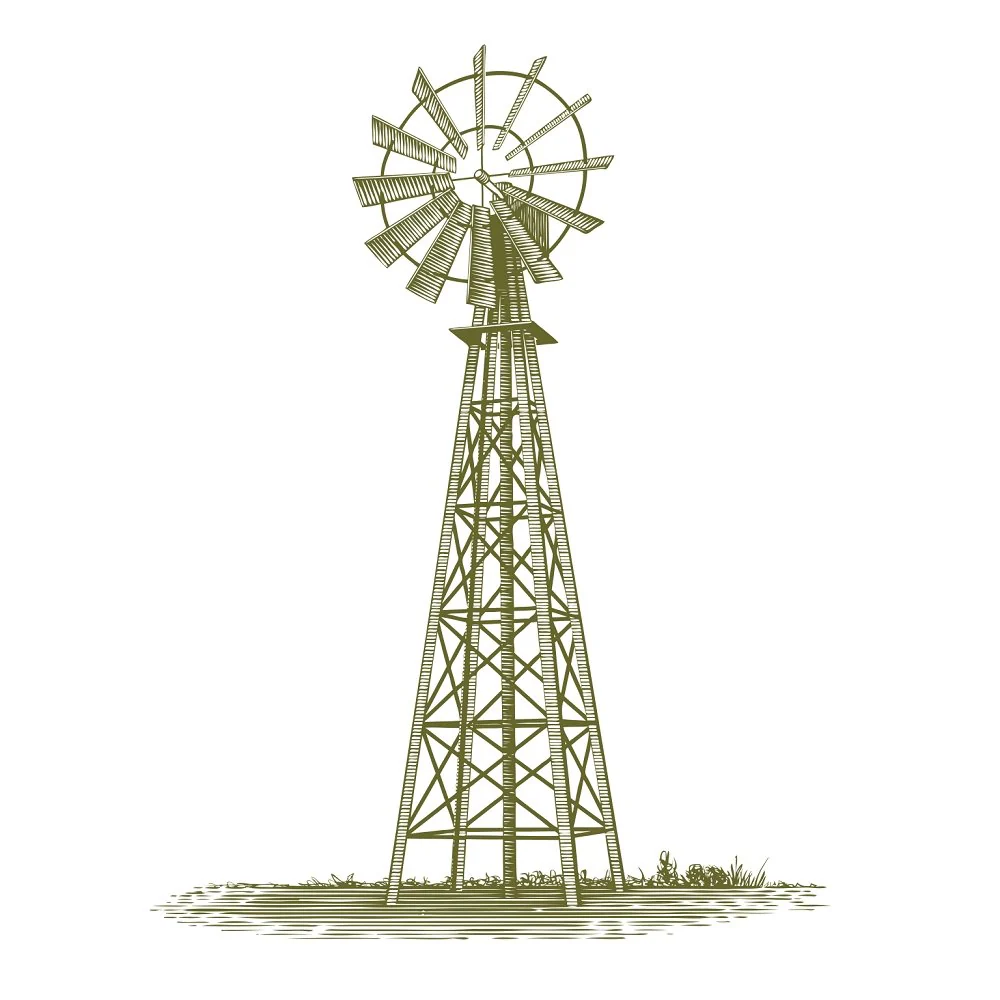 Woodcut Windmill Fabric Panel